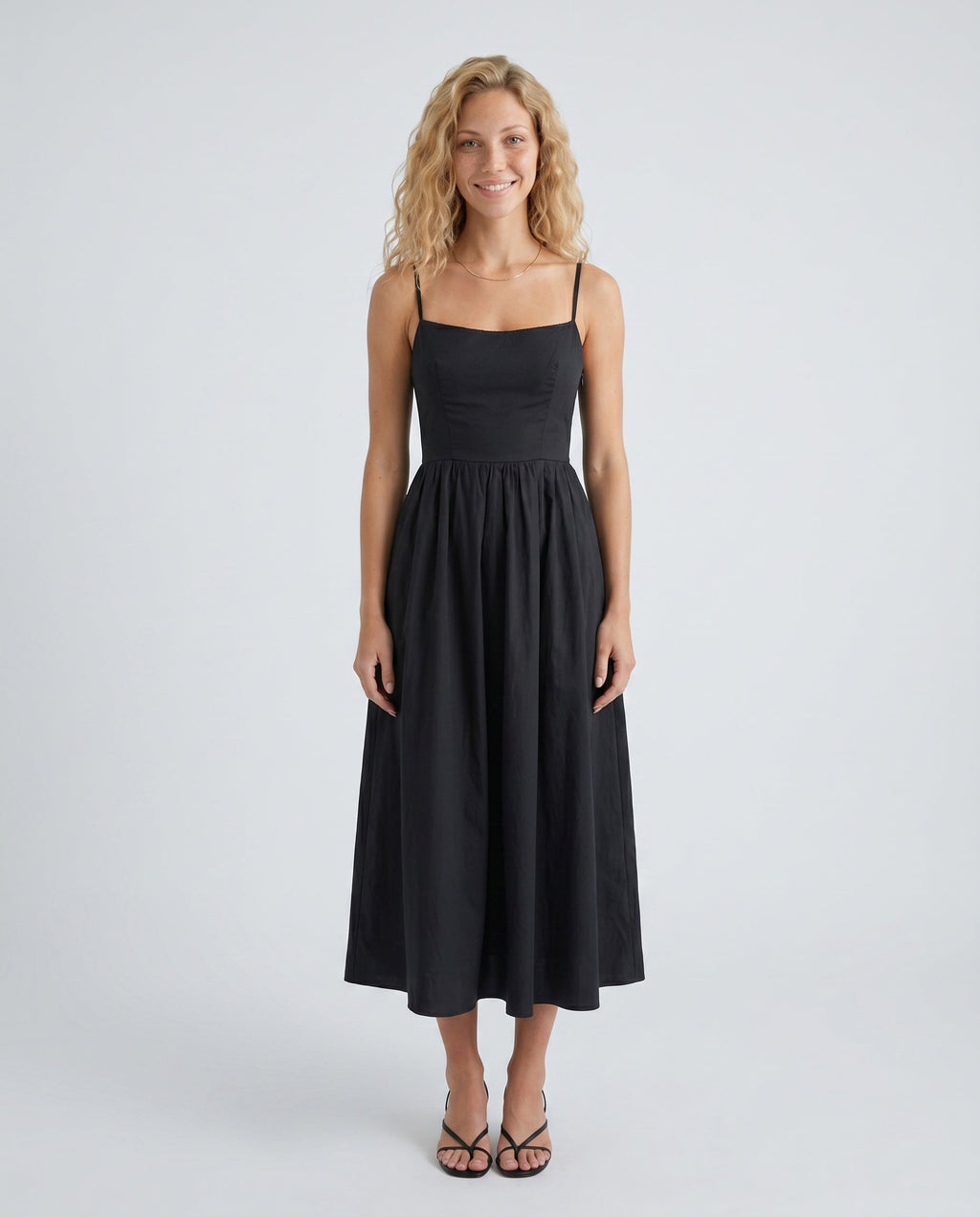 Women's Midi Dress Sleeveless with Low Open Back and A-Line Skirt - Black