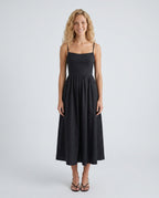 Women's Midi Dress Sleeveless with Low Open Back and A-Line Skirt - Black