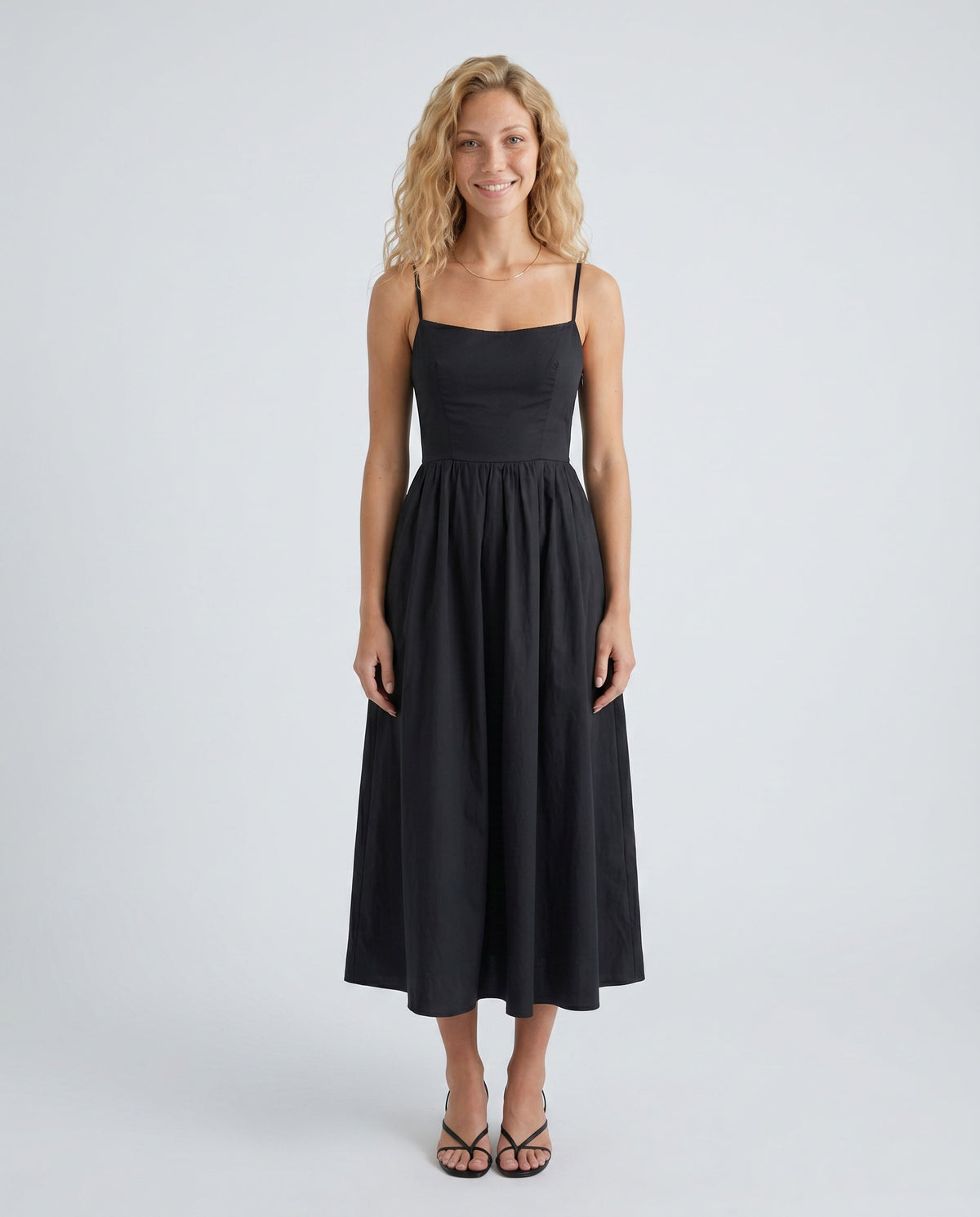 Women's Midi Dress Sleeveless with Low Open Back and A-Line Skirt - Black