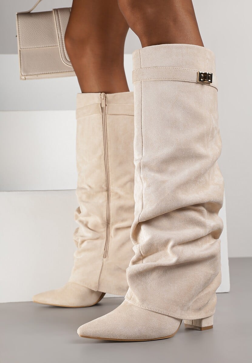 Women's Slouch Boots with Pointed Toe and Low Heel - 12