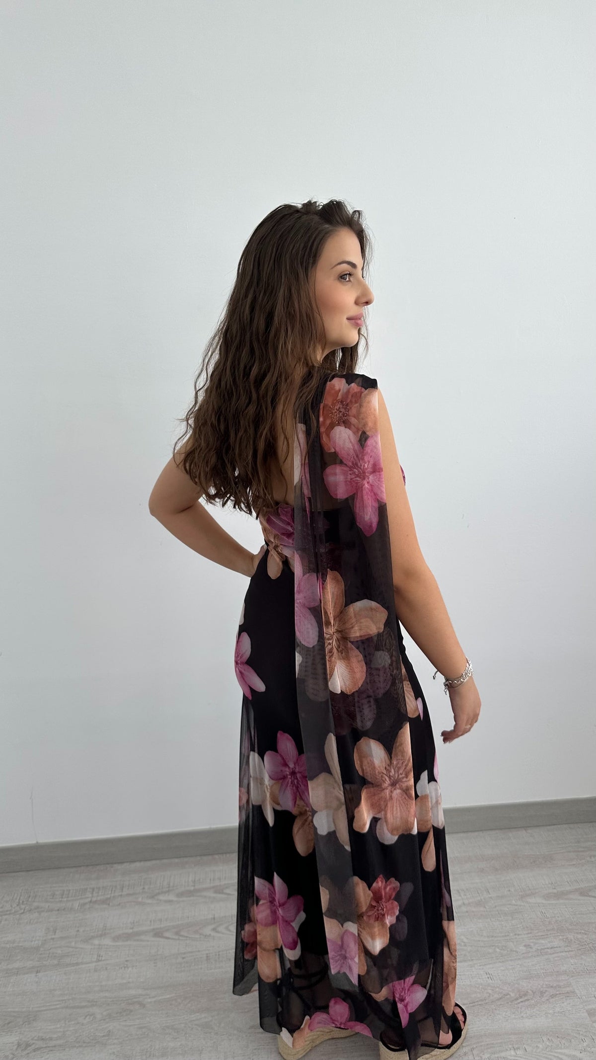 Women's Maxi Dress One Shoulder with Floral Print and Draped Sash - 3