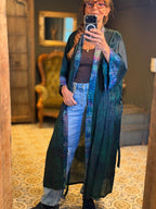 Women's Long Kimono with Tie-Dye Pattern and Belt - 1