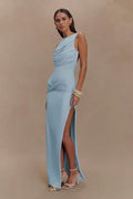 Women's Sleeveless Bodycon Maxi Dress with Ruched Detail and Boat Neck - Blue