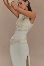 Women's Sleeveless Bodycon Maxi Dress with Ruched Detail and Boat Neck - 10