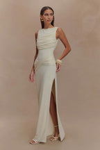 Women's Sleeveless Bodycon Maxi Dress with Ruched Detail and Boat Neck - 11