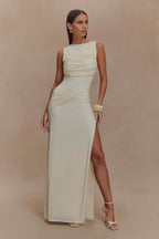Women's Sleeveless Bodycon Maxi Dress with Ruched Detail and Boat Neck - 12
