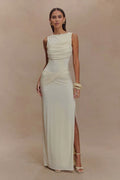 Women's Sleeveless Bodycon Maxi Dress with Ruched Detail and Boat Neck - White