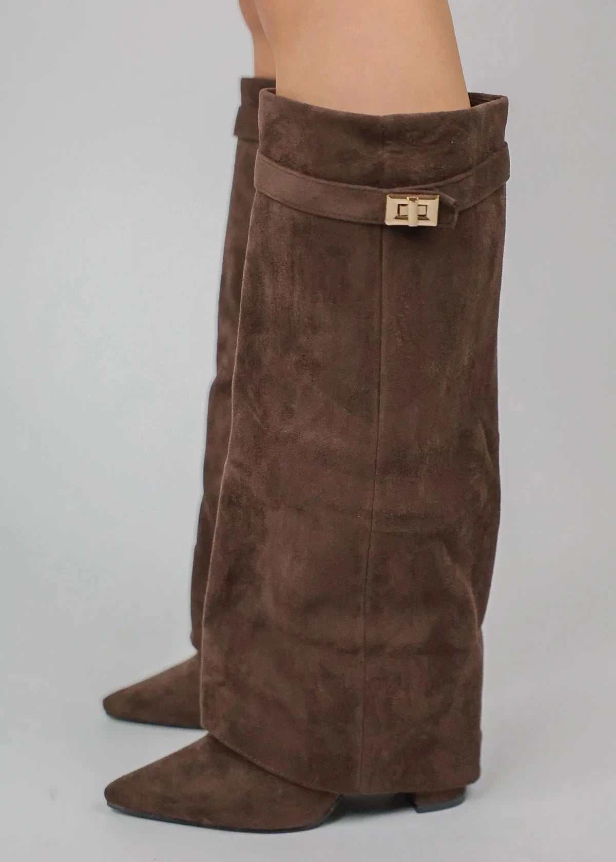 Women's Knee High Boots with Pointed Toe and Straight Shaft - Brown Suede