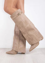 Women's Knee High Boots with Pointed Toe and Straight Shaft - Taupe Suede