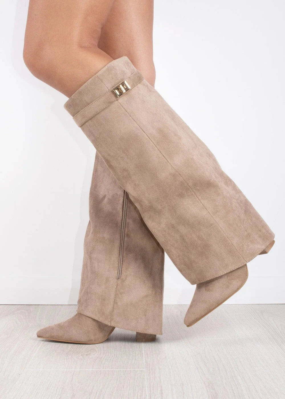 Women's Knee High Boots with Pointed Toe and Straight Shaft - Taupe Suede