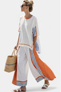 Women's Two-Piece Set with Striped Trim and Wide-Leg Trousers - Orange