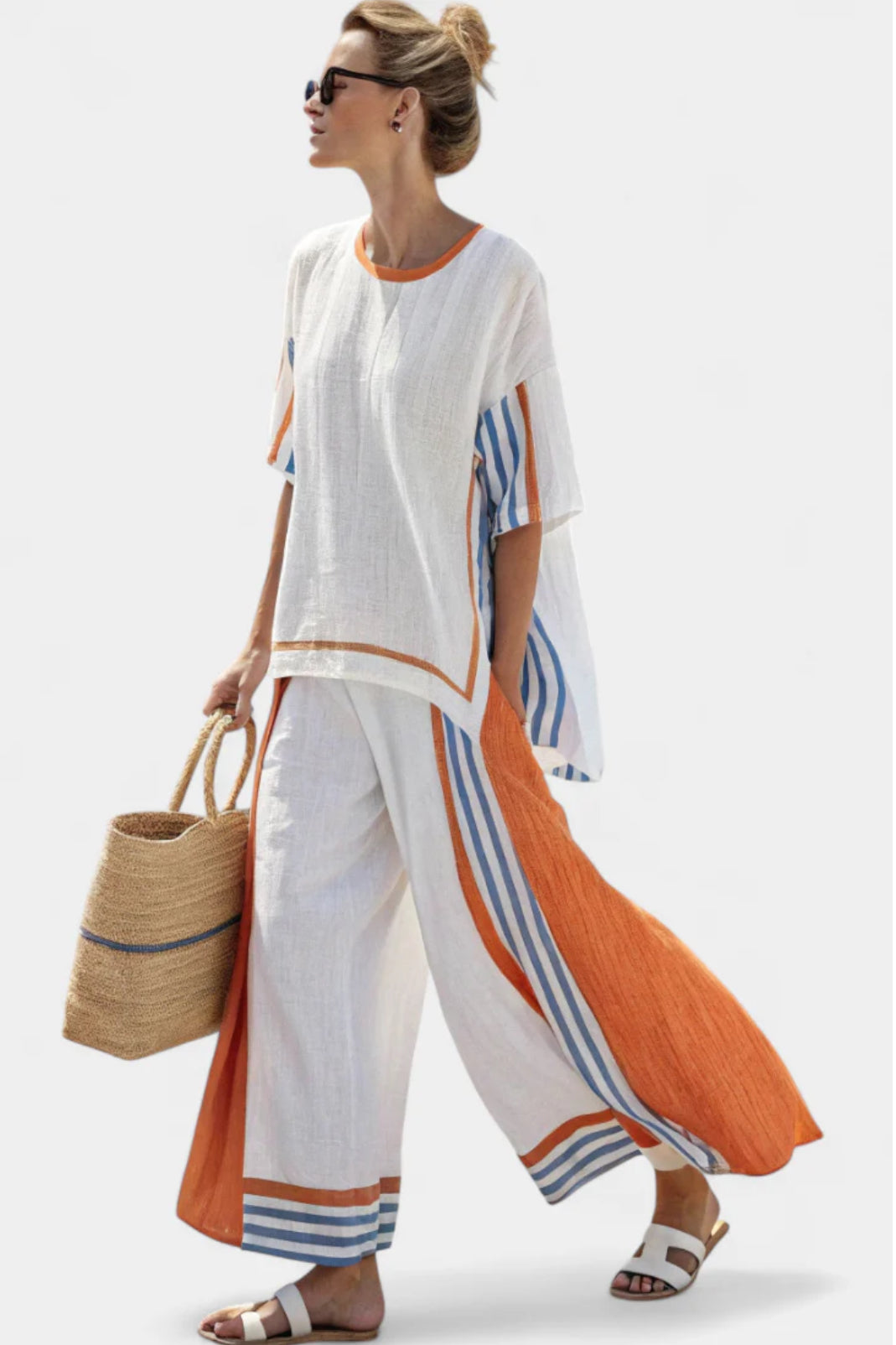 Women's Two-Piece Set with Striped Trim and Wide-Leg Trousers - Orange