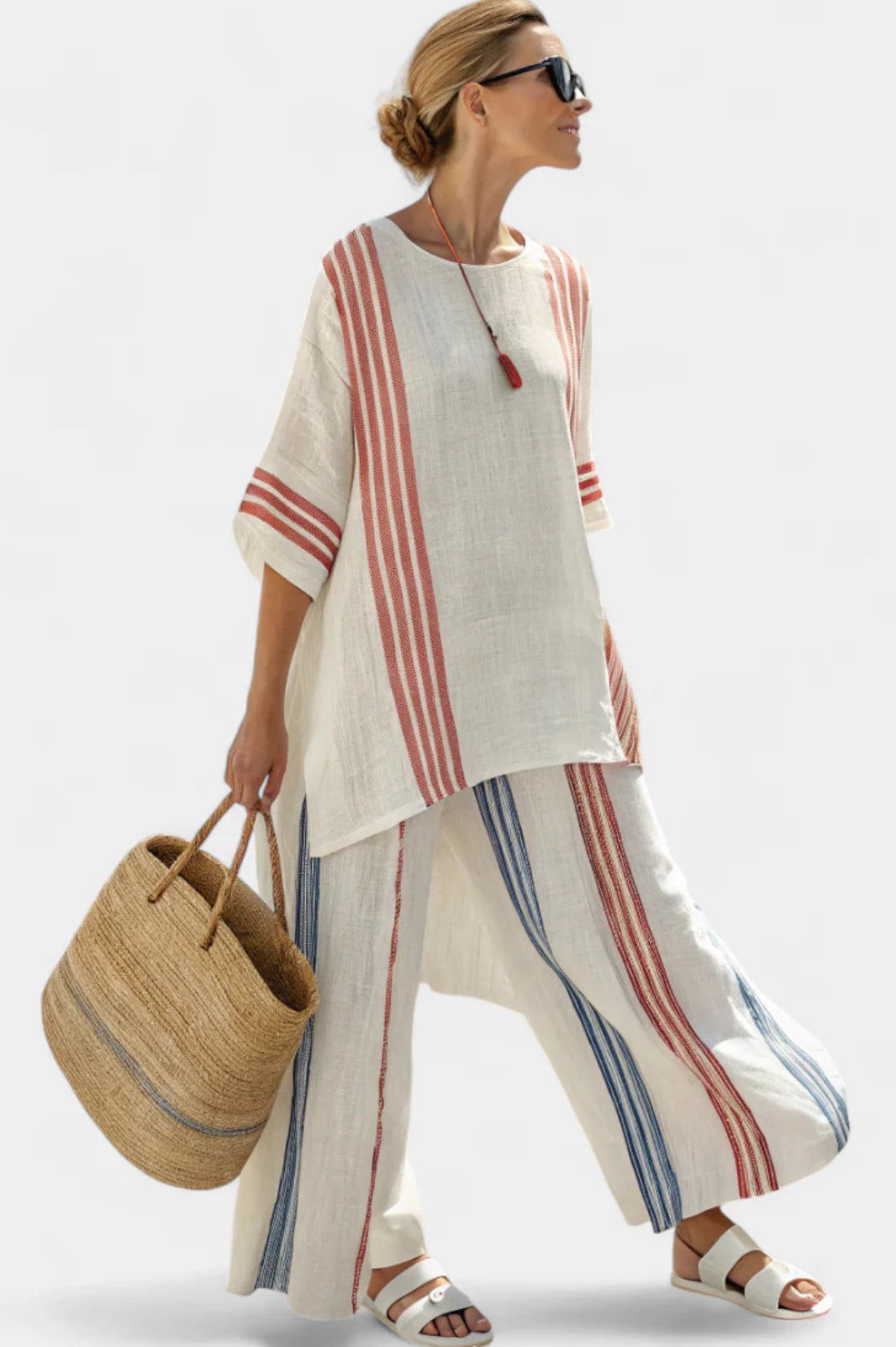 Women's Two-Piece Set with Striped Trim and Wide-Leg Trousers - White