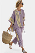 Women's Two-Piece Set with Striped Trim and Wide-Leg Trousers - Purple
