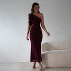Women's Evening Maxi Dress One Shoulder with Floral Trim and Cutout Waist - Wine