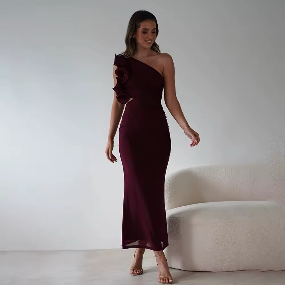 Women's Evening Maxi Dress One Shoulder with Floral Trim and Cutout Waist - Wine