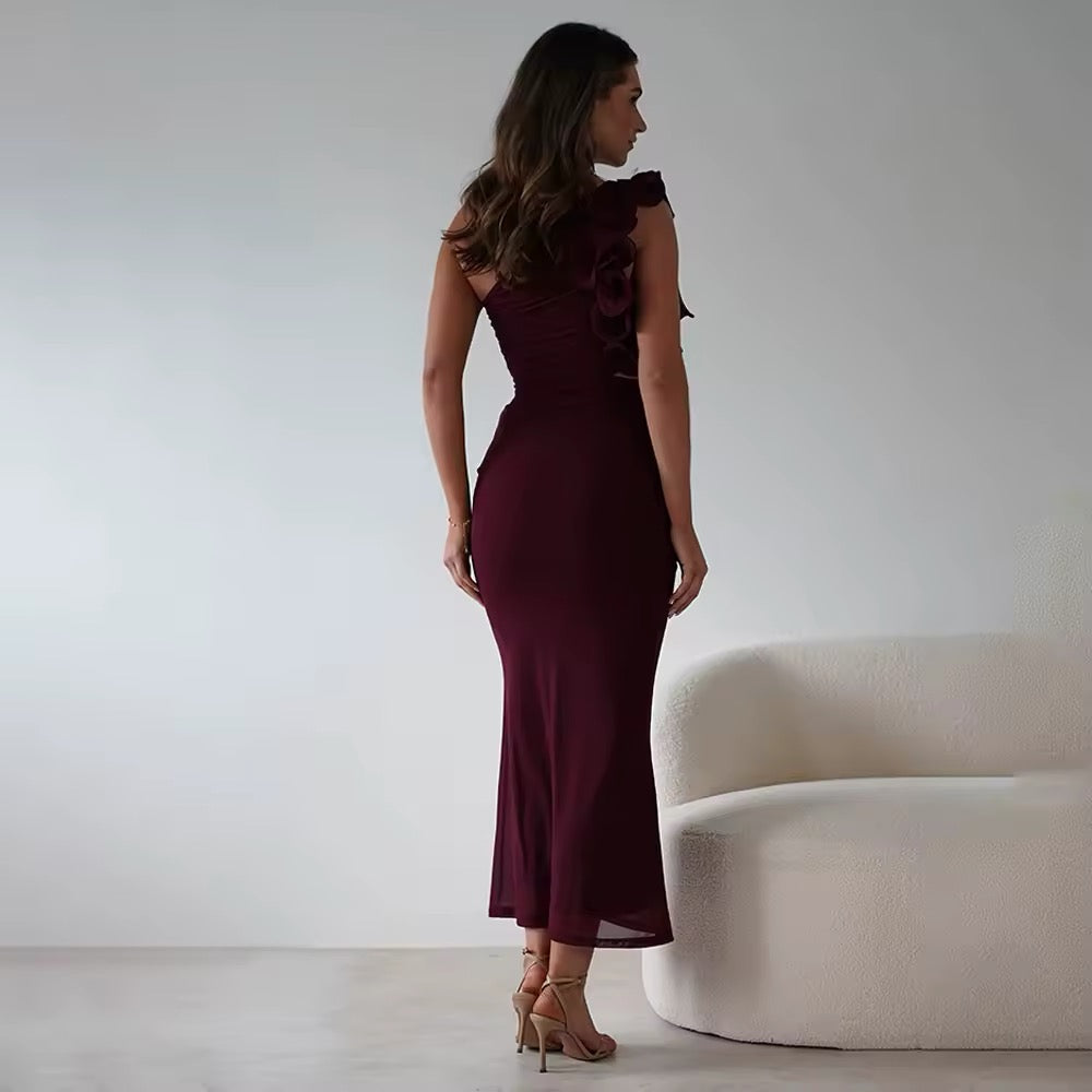 Women's Evening Maxi Dress One Shoulder with Floral Trim and Cutout Waist - 15