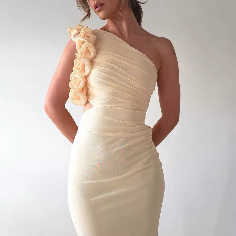 Women's Evening Maxi Dress One Shoulder with Floral Trim and Cutout Waist - 11