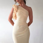 Women's Evening Maxi Dress One Shoulder with Floral Trim and Cutout Waist - 11
