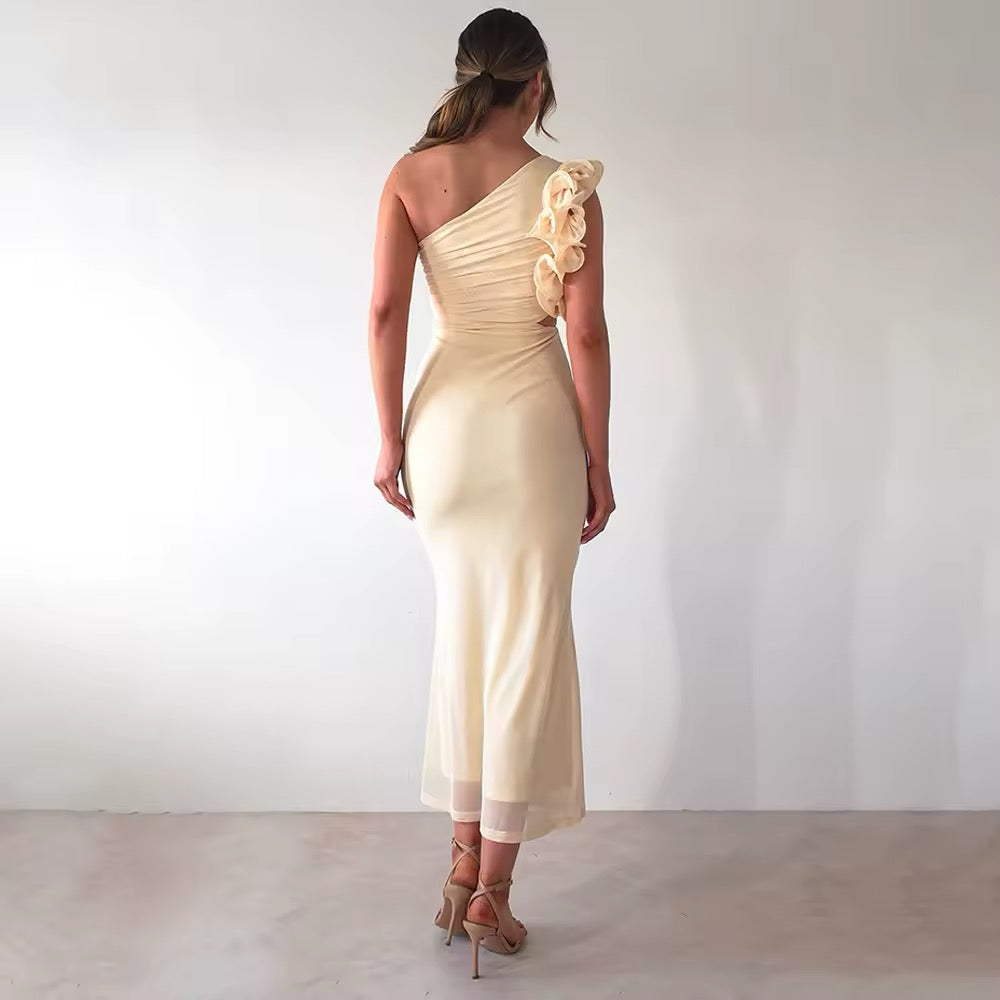 Women's Evening Maxi Dress One Shoulder with Floral Trim and Cutout Waist - 5
