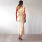 Women's Evening Maxi Dress One Shoulder with Floral Trim and Cutout Waist - 5