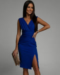 Women's Fitted Sleeveless Dress with V-Neck and Side Slit - Blue