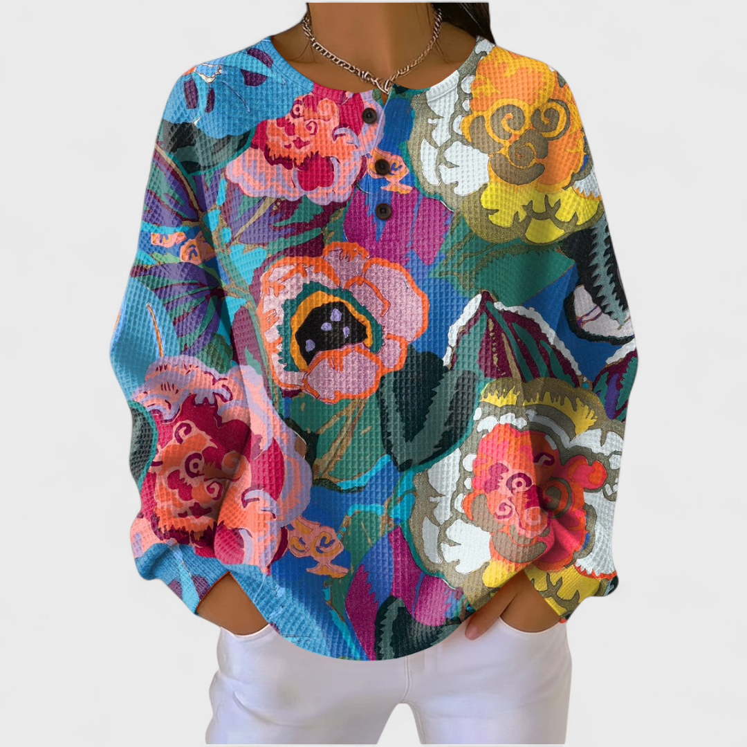 Women's Jumper with Large Colourful Floral Print and Button Placket - Multicolour