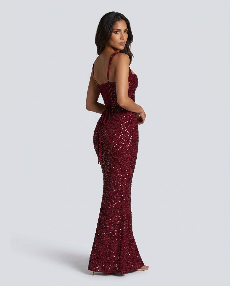 Women's Sequin Maxi Dress Sleeveless with Square Neck and Tie-Up Detail - 14