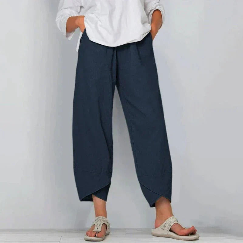 Women's Cropped Trousers with Tulip Hem and Drawstring Waist - Navy Blue
