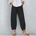 Women's Cropped Trousers with Tulip Hem and Drawstring Waist - Black