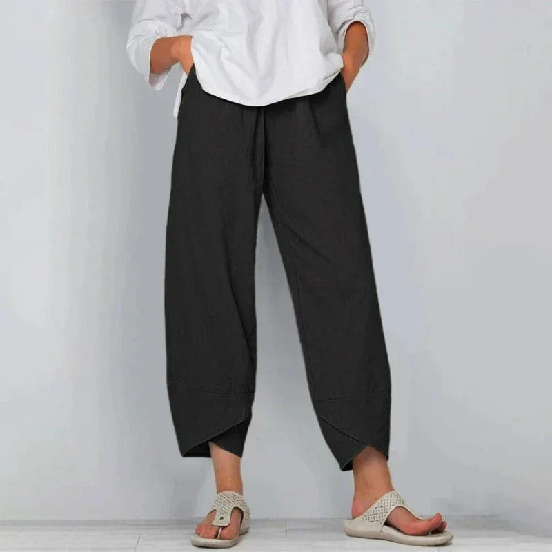 Women's Cropped Trousers with Tulip Hem and Drawstring Waist - Black
