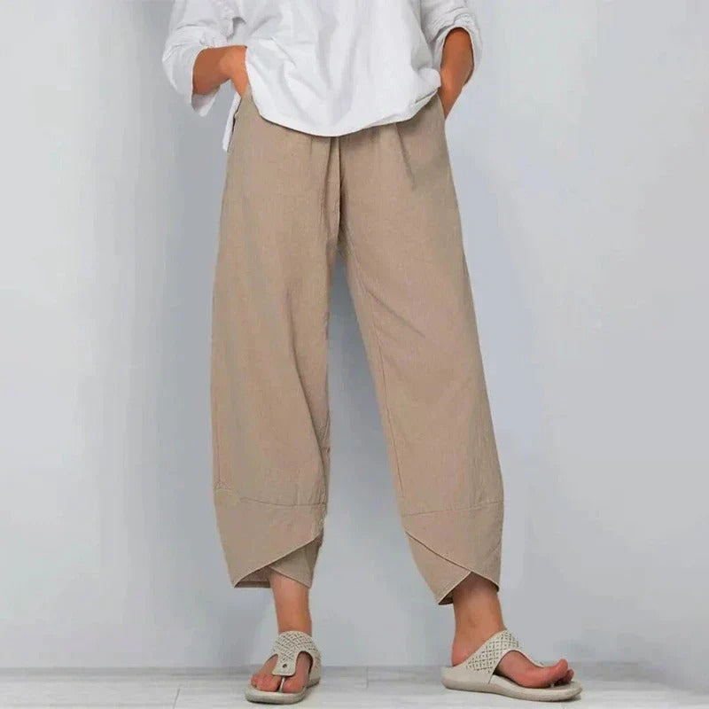Women's Cropped Trousers with Tulip Hem and Drawstring Waist - Khaki