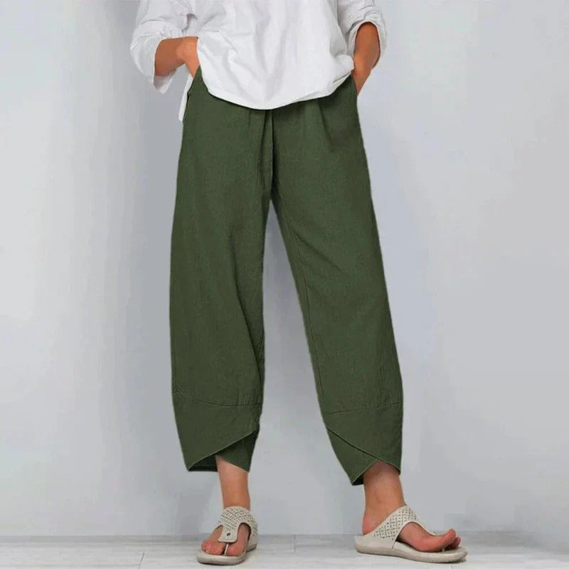 Women's Cropped Trousers with Tulip Hem and Drawstring Waist - Military Green