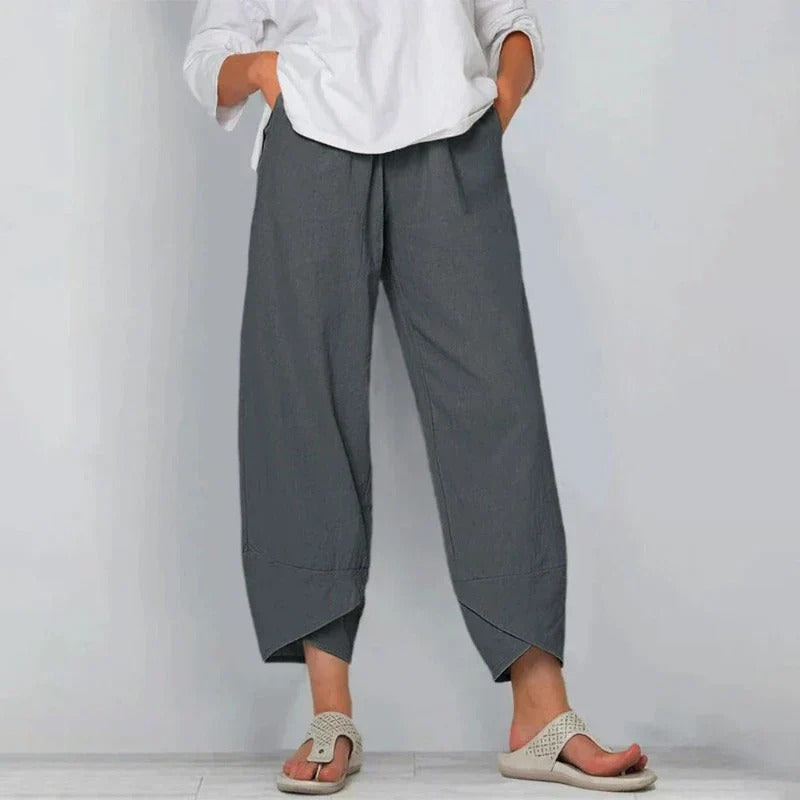 Women's Cropped Trousers with Tulip Hem and Drawstring Waist - Gray