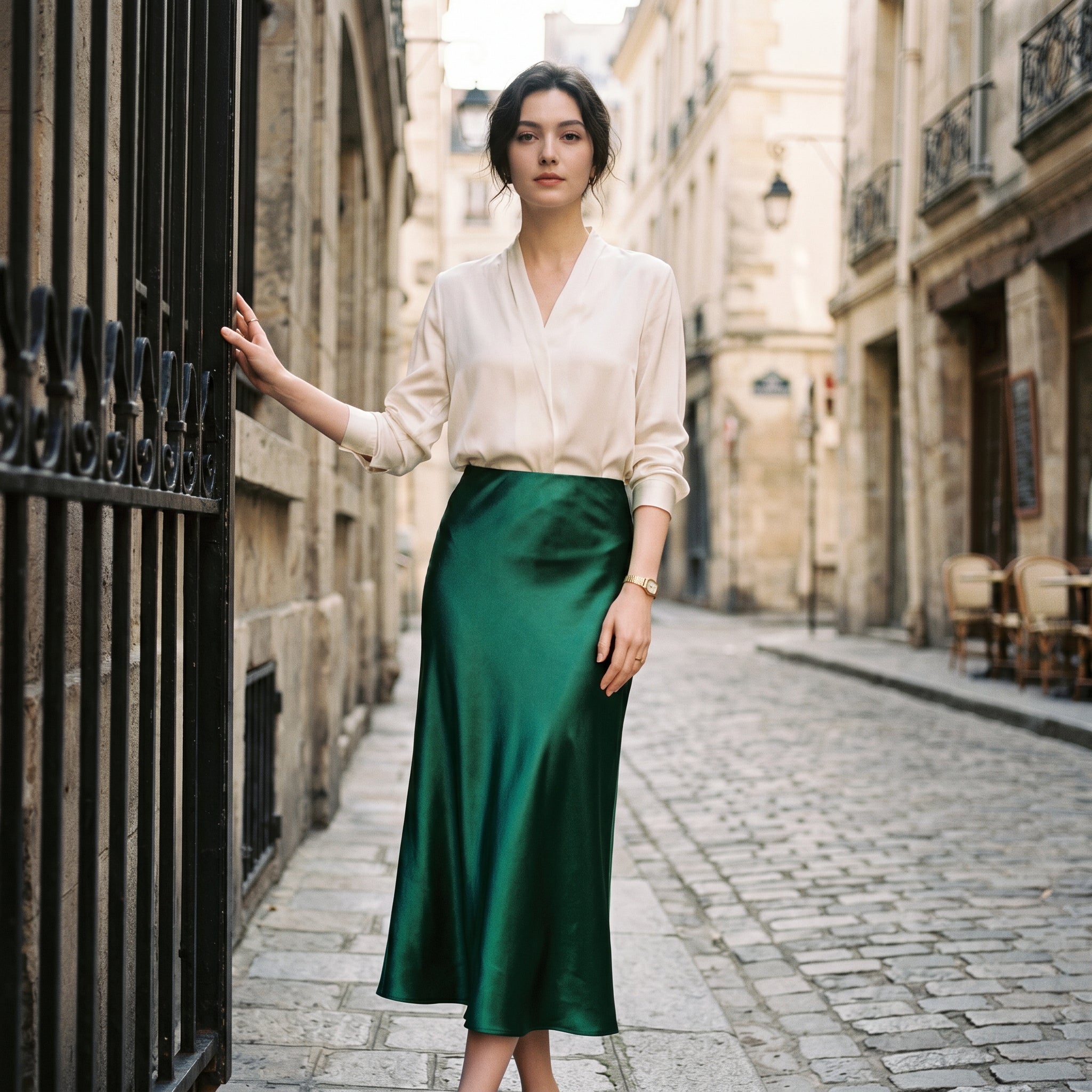 Women's Midi Skirt with Elastic Waistband and A-Line Silhouette - Dark Green