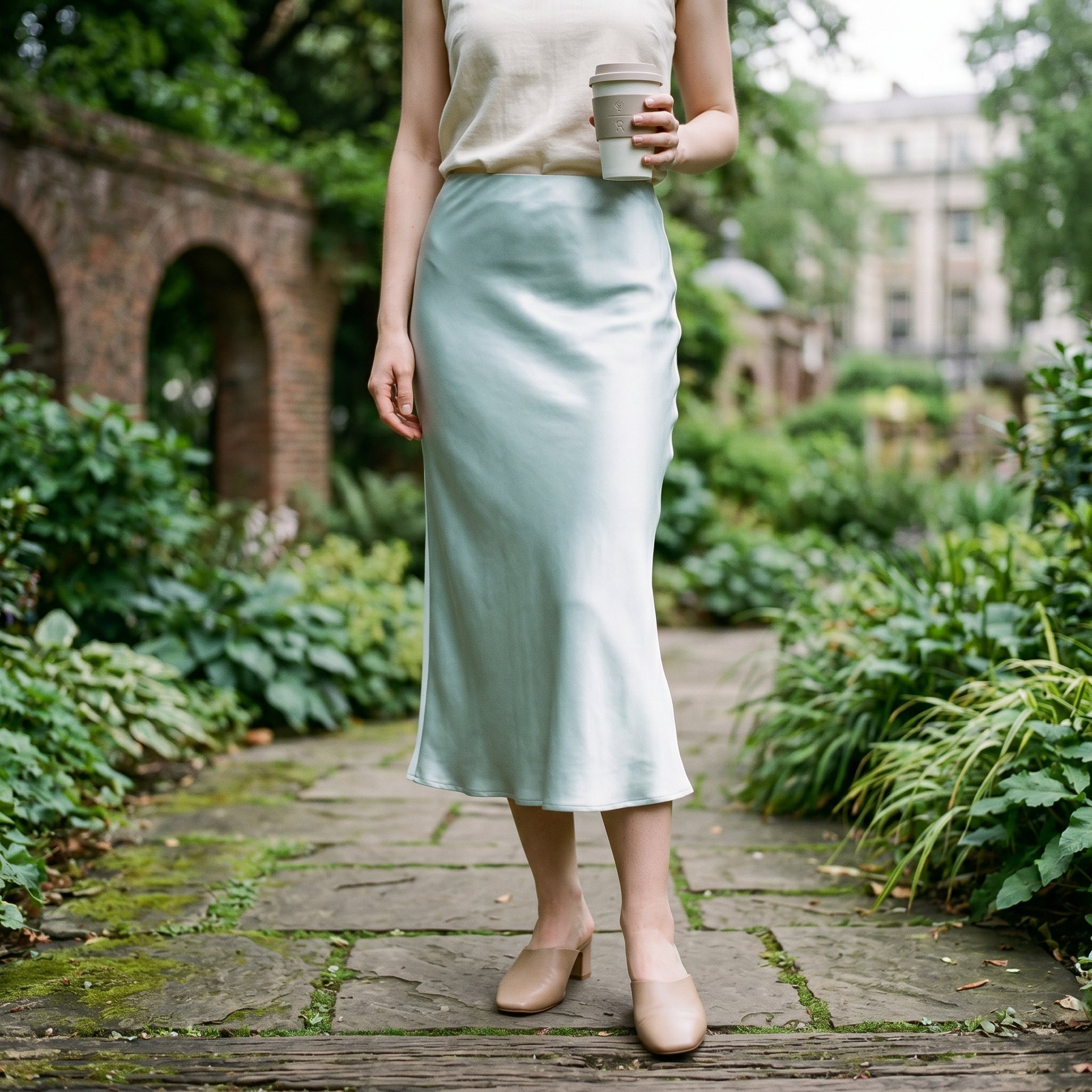 Women's Midi Skirt with Elastic Waistband and A-Line Silhouette - Light Blue
