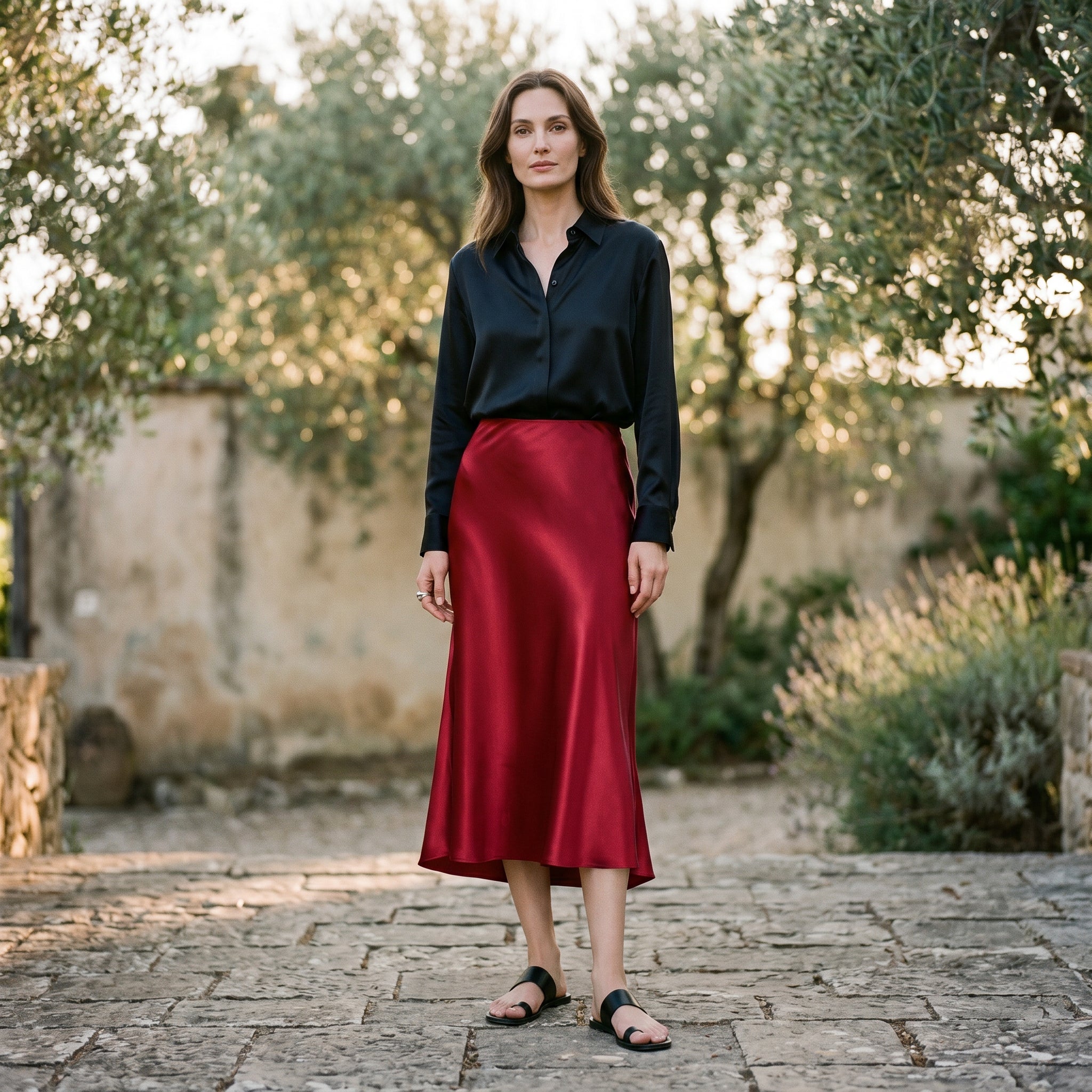 Women's Midi Skirt with Elastic Waistband and A-Line Silhouette - Burgundy