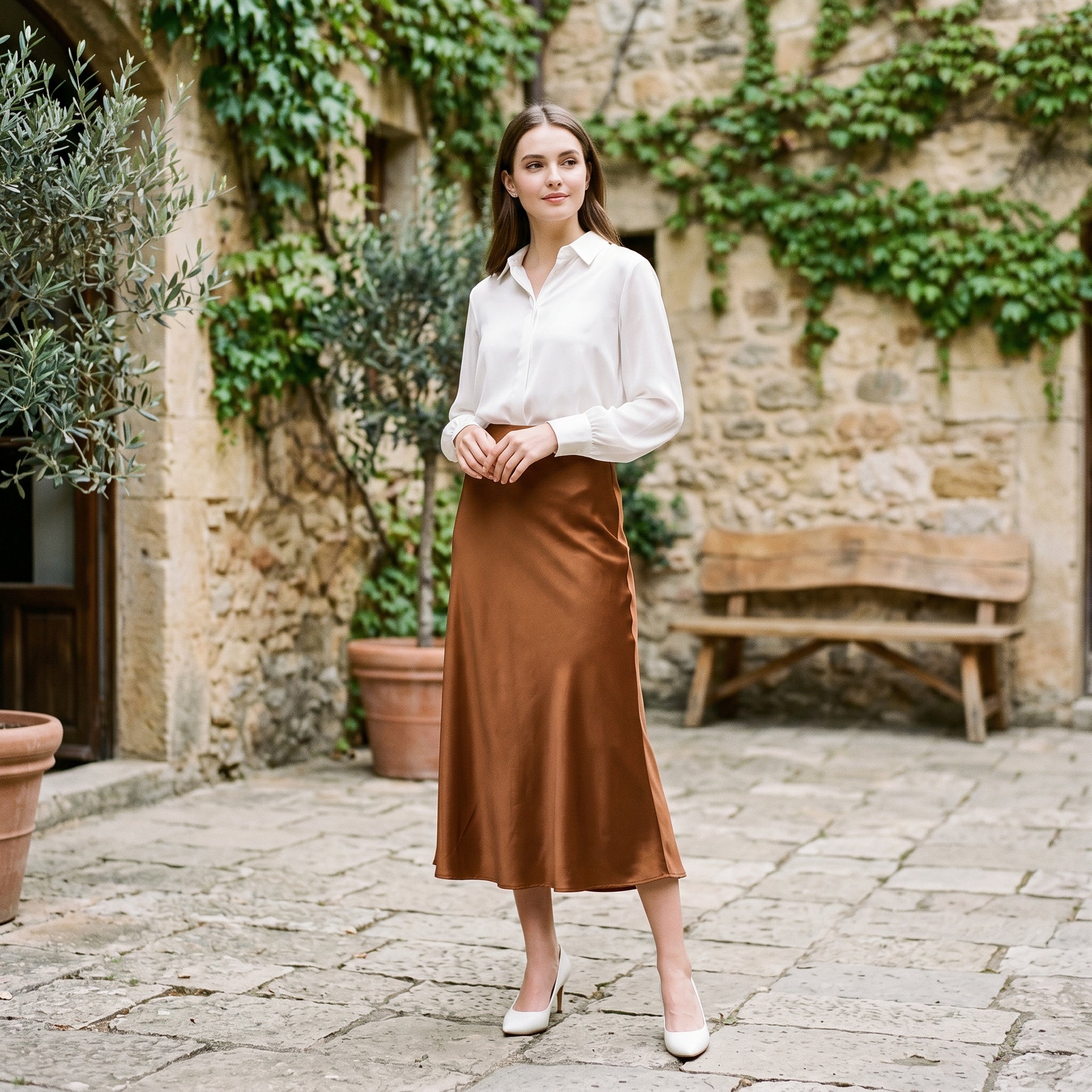 Women's Midi Skirt with Elastic Waistband and A-Line Silhouette - Brown