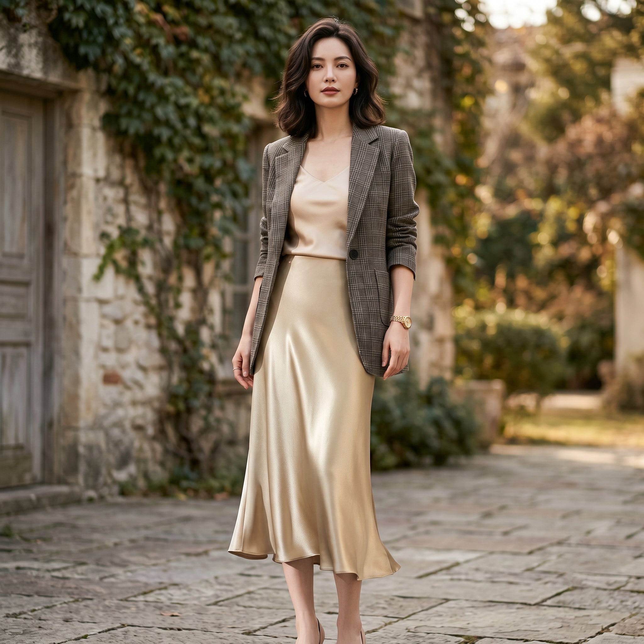 Women's Midi Skirt with Elastic Waistband and A-Line Silhouette - Champagne