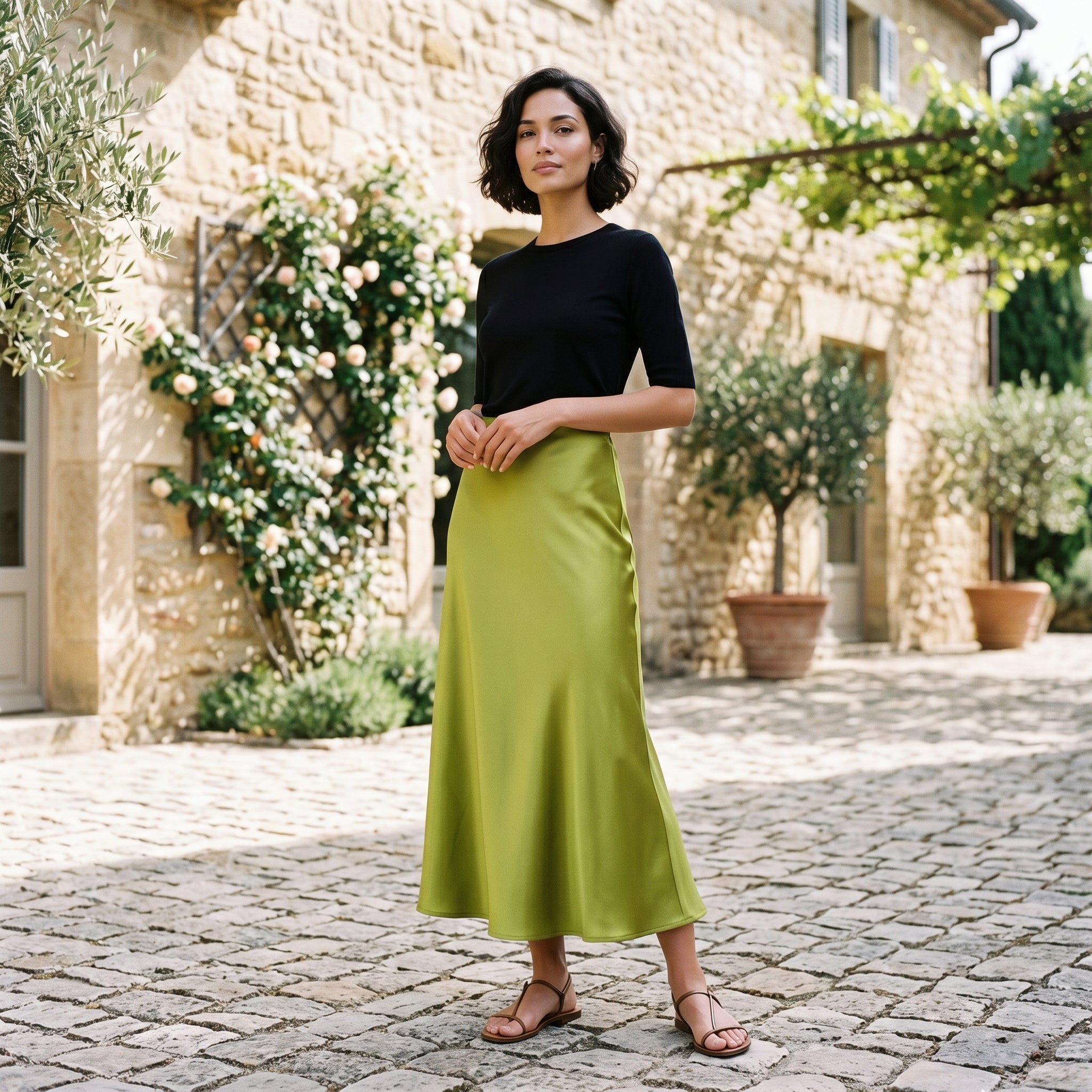 Women's Midi Skirt with Elastic Waistband and A-Line Silhouette - Light Green