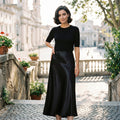 Women's Midi Skirt with Elastic Waistband and A-Line Silhouette - Black