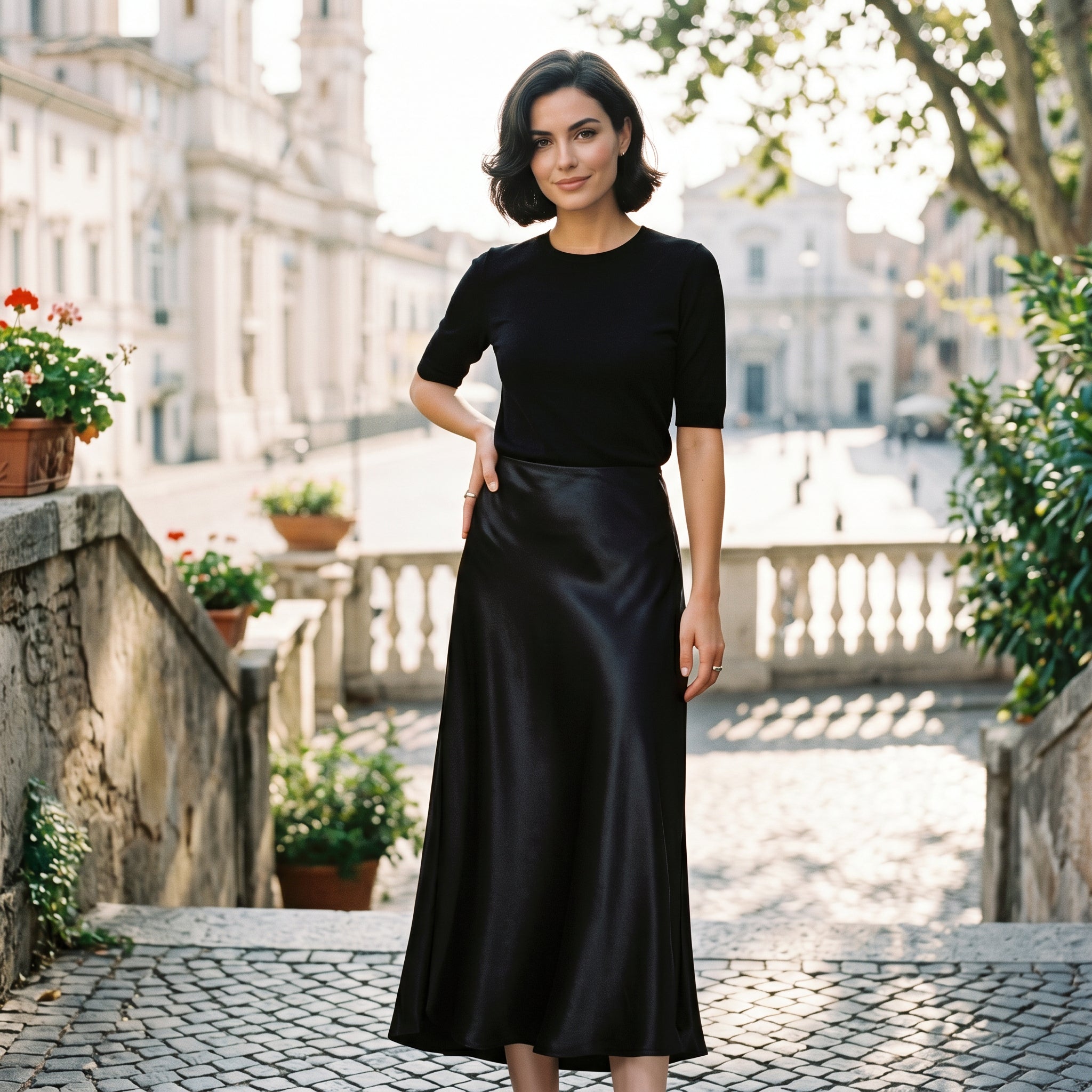 Women's Midi Skirt with Elastic Waistband and A-Line Silhouette - Black