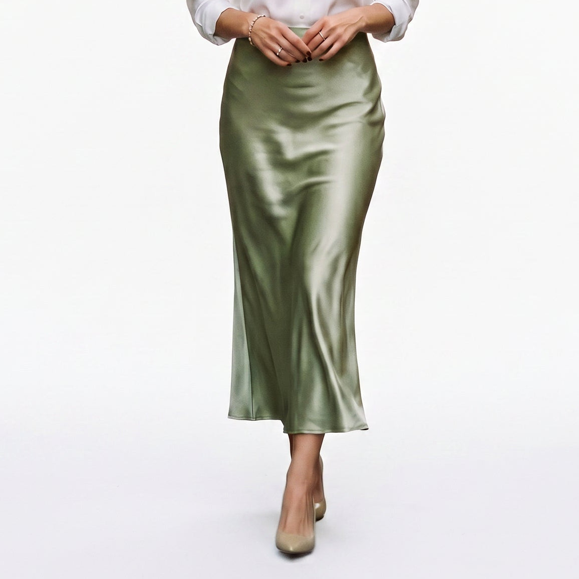 Women's Midi Skirt with Elastic Waistband and A-Line Silhouette - Olive Green