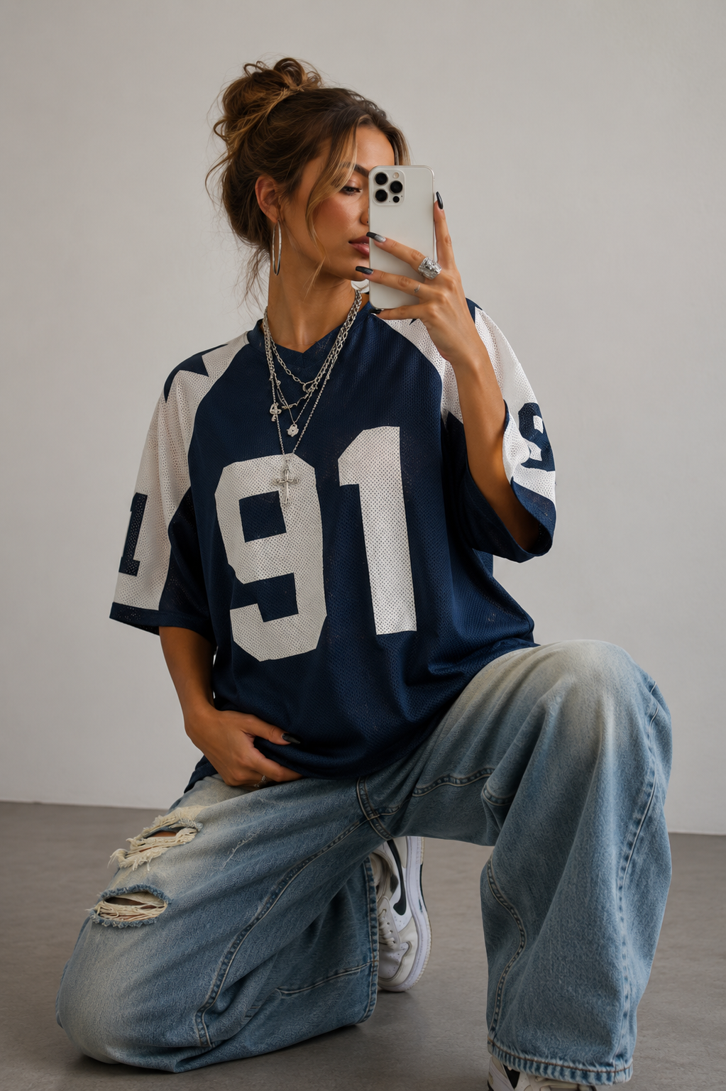 Women's Oversized Varsity Number Print T-Shirt - Navy