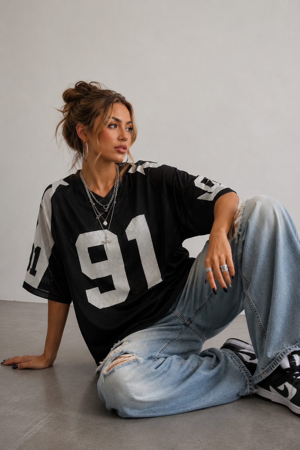 Women's Oversized Varsity Number Print T-Shirt - Black