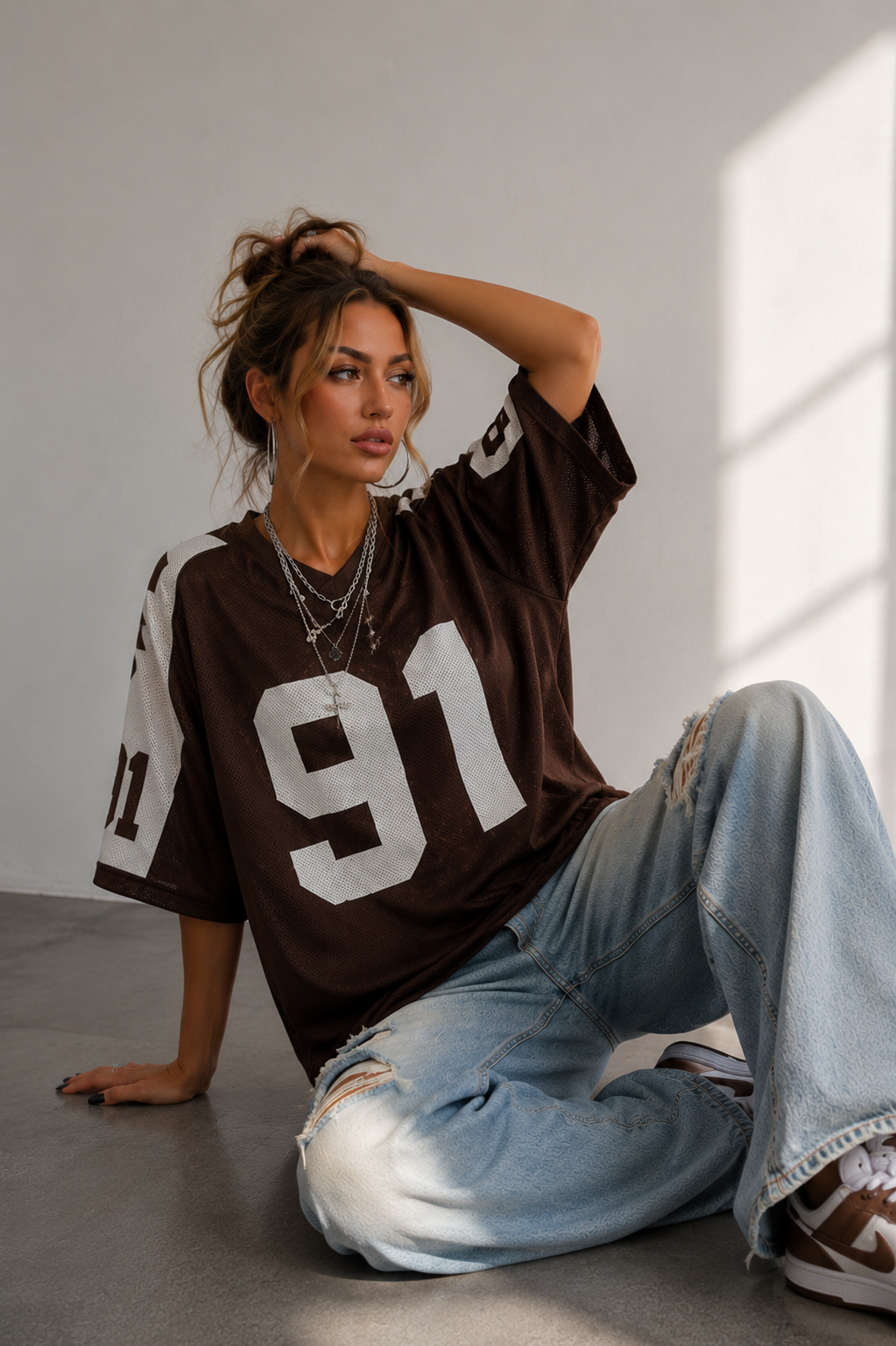 Women's Oversized Varsity Number Print T-Shirt - Brown