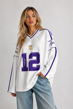 Women's Long Sleeve Varsity Jersey Top with V-Neck and Contrast Stripes - White