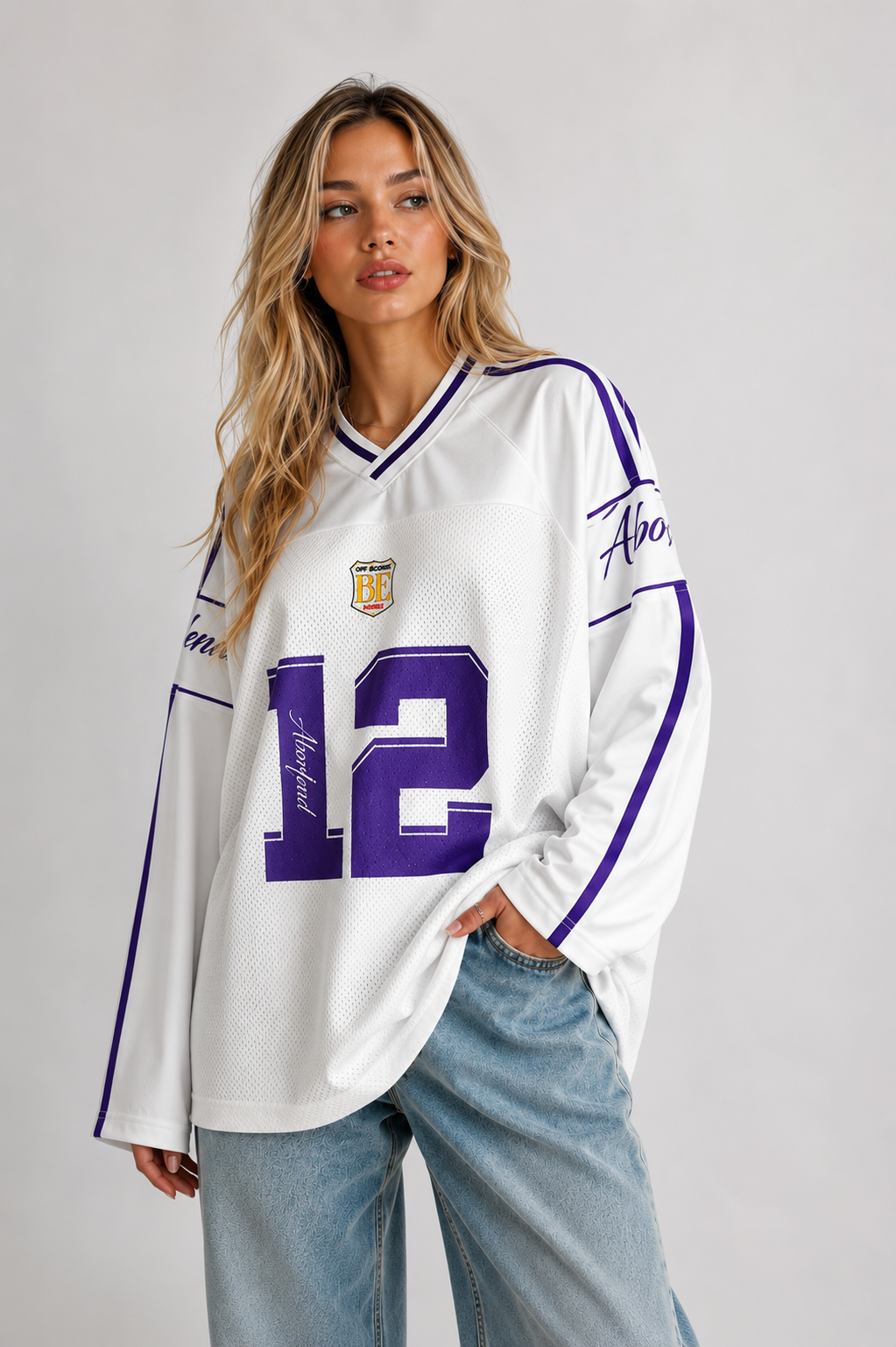 Women's Long Sleeve Varsity Jersey Top with V-Neck and Contrast Stripes - White
