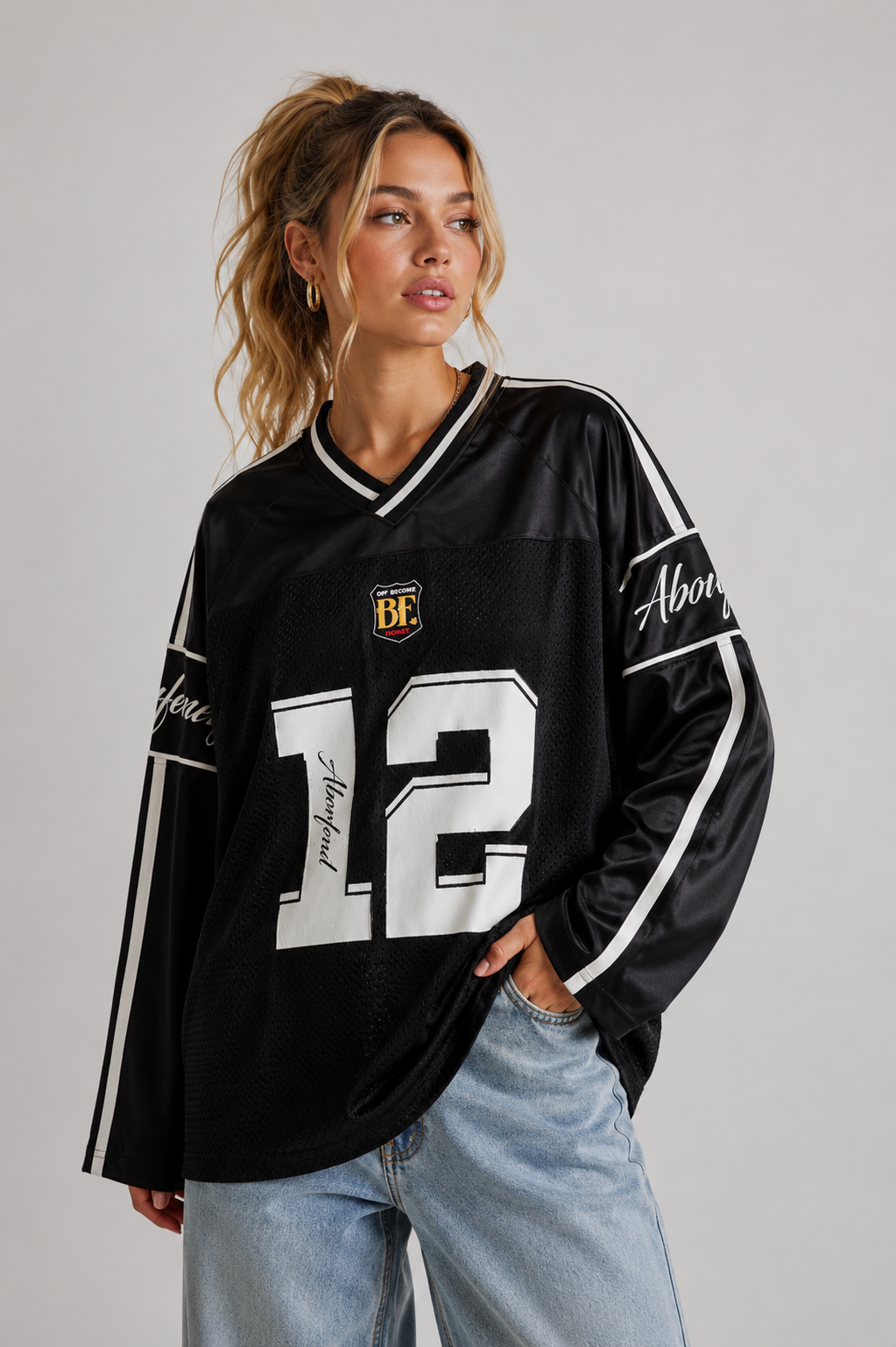 Women's Long Sleeve Varsity Jersey Top with V-Neck and Contrast Stripes - Black