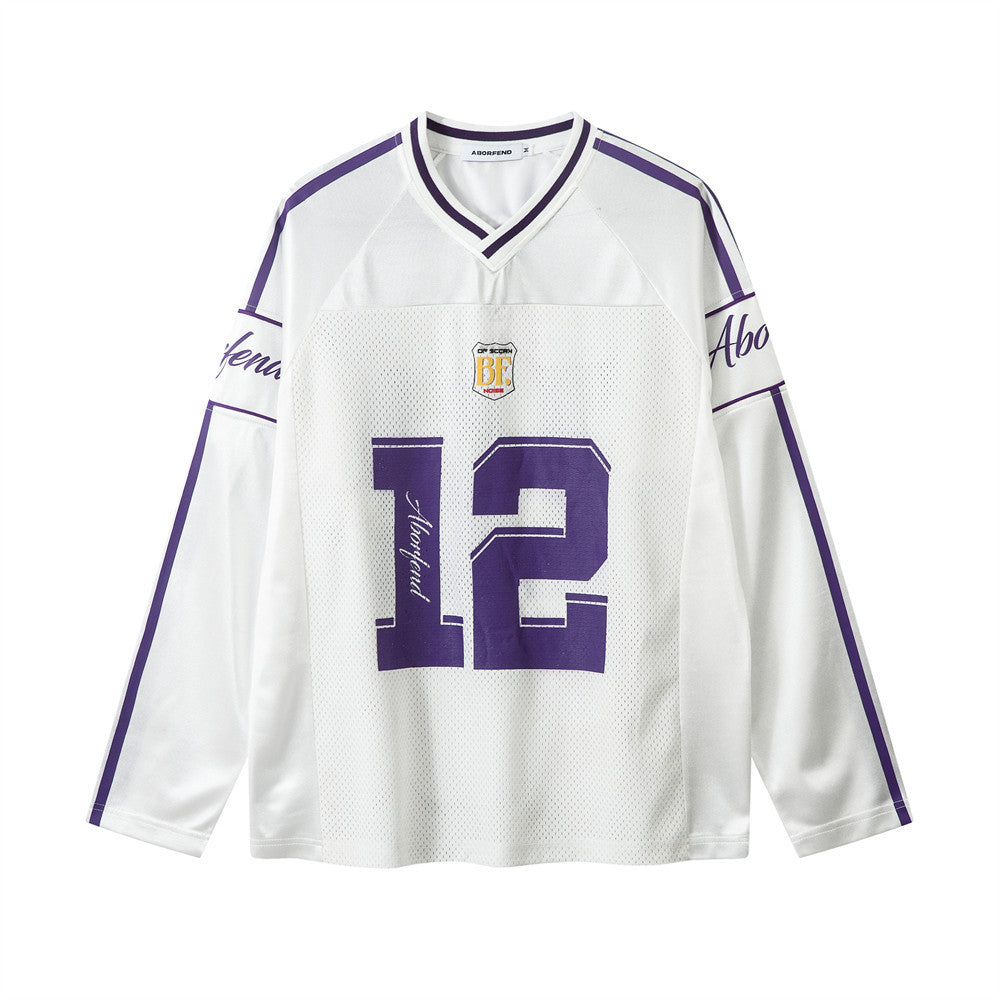 Women's Long Sleeve Varsity Jersey Top with V-Neck and Contrast Stripes - 3